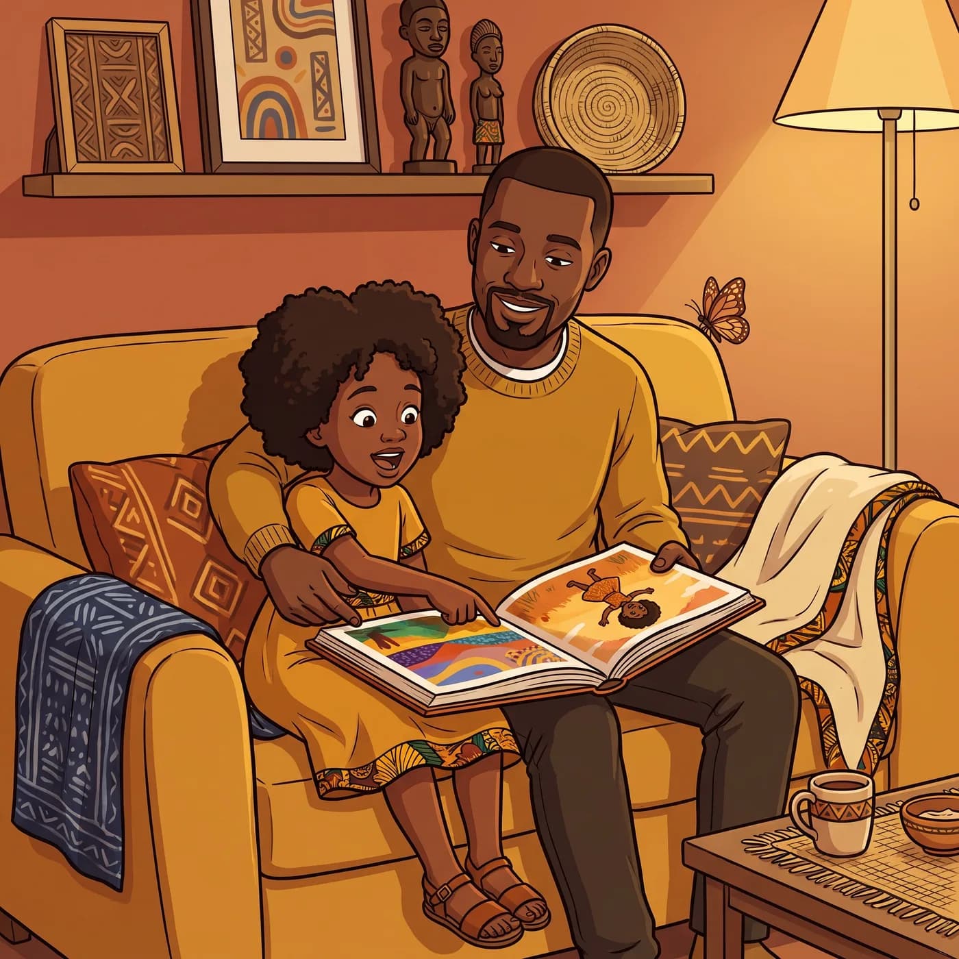 A father and child reading their Omo Tales book together on the sofa