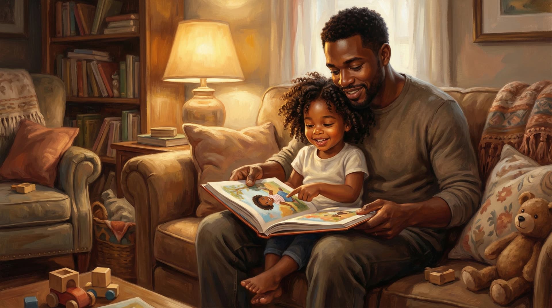 A father reading an Omo Tales book with his child