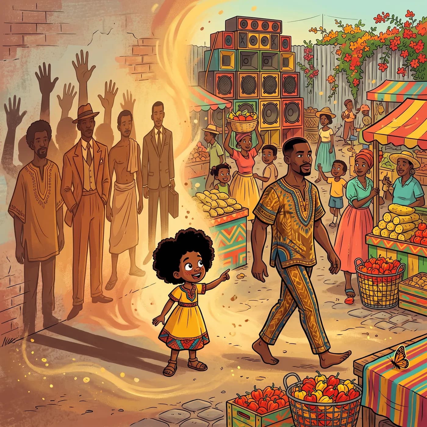 A child and their dad weaving through a bustling market, waving to stallholders who know them by name