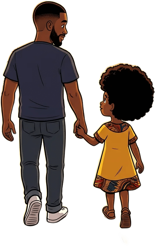 A father and child from the book, cut out like stickers