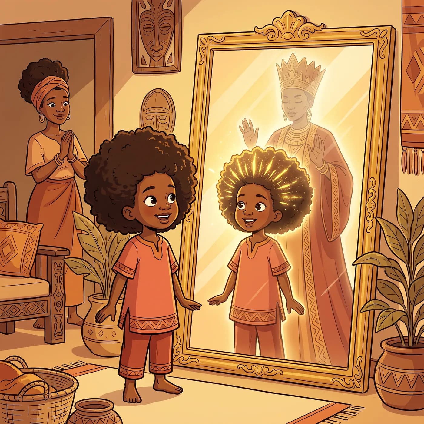 A child seeing a radiant queen looking back from the mirror