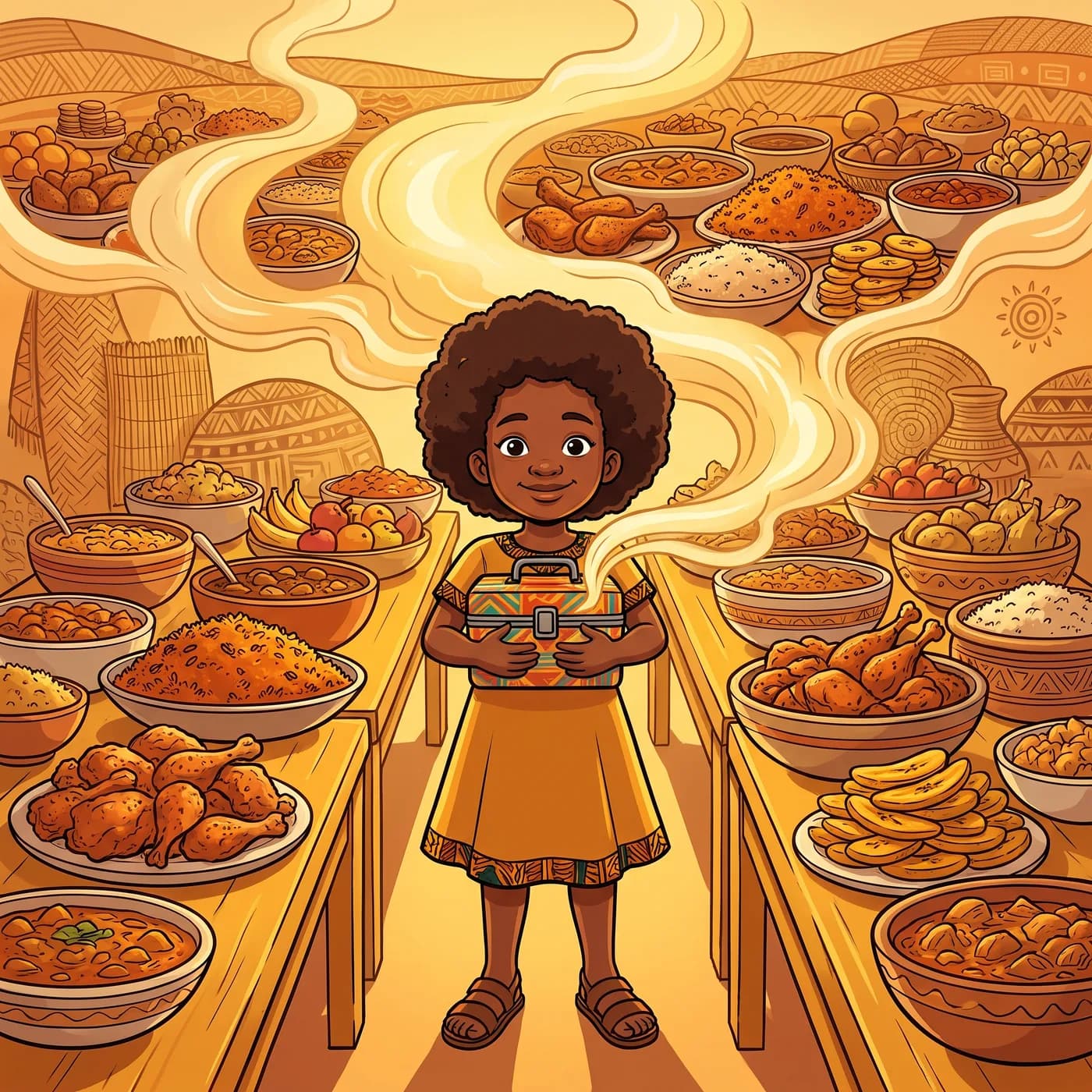 A child holding a lunchbox, golden steam rising into a vast ancestral feast