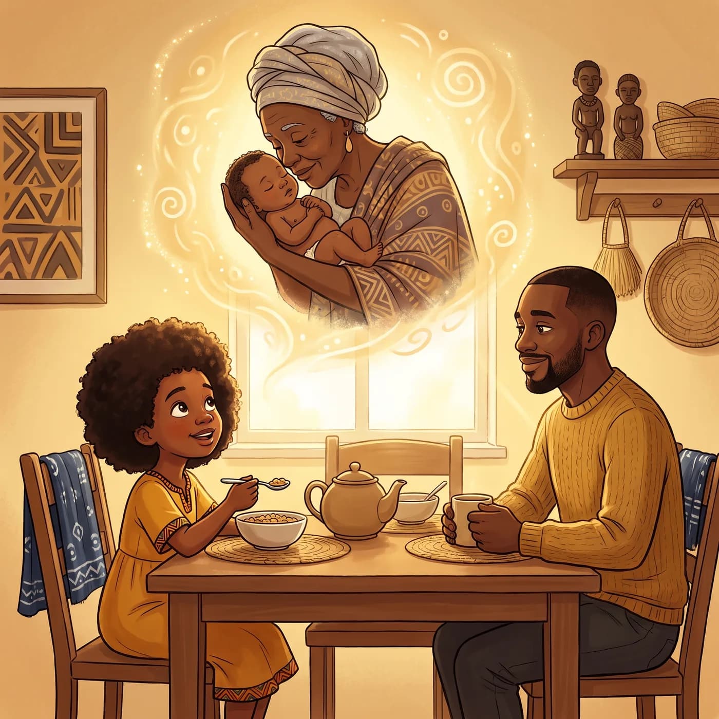 A child at breakfast beneath a golden vision of a grandmother whispering a name to a newborn