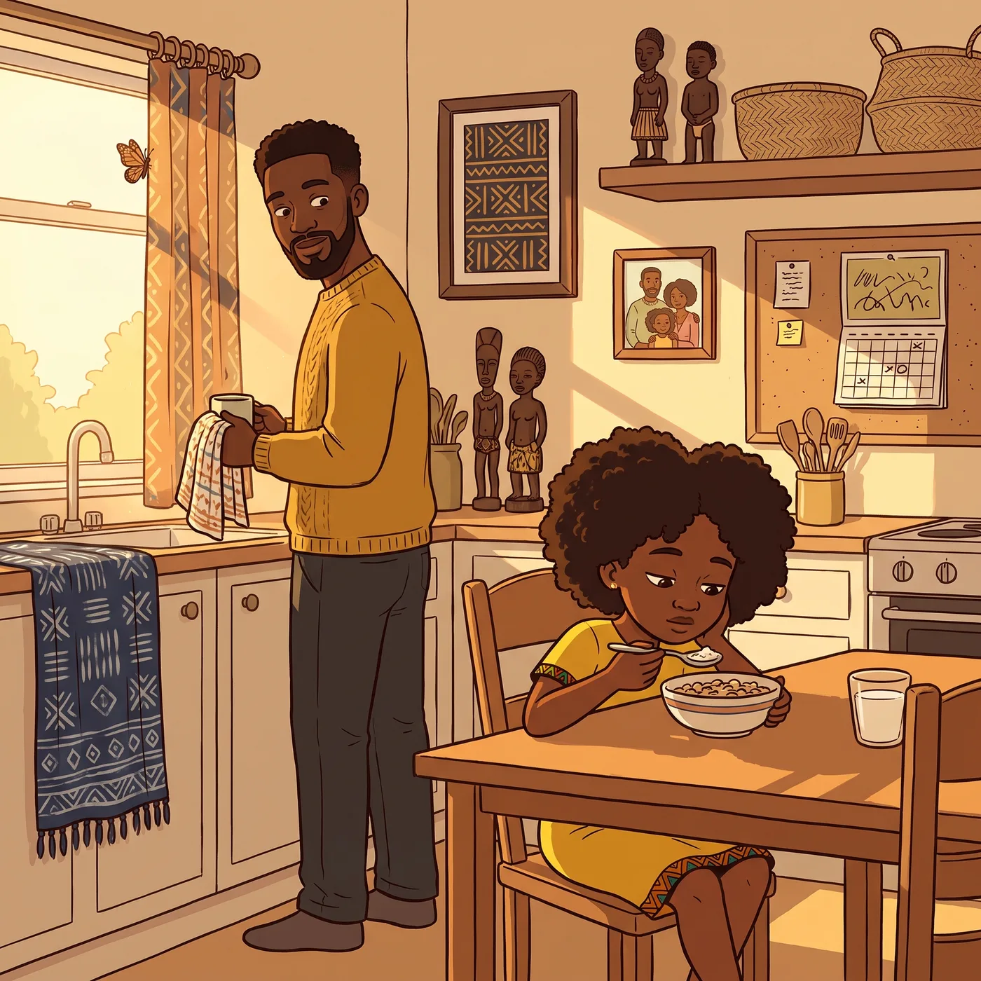 The child at the breakfast table, elder calling from the kitchen