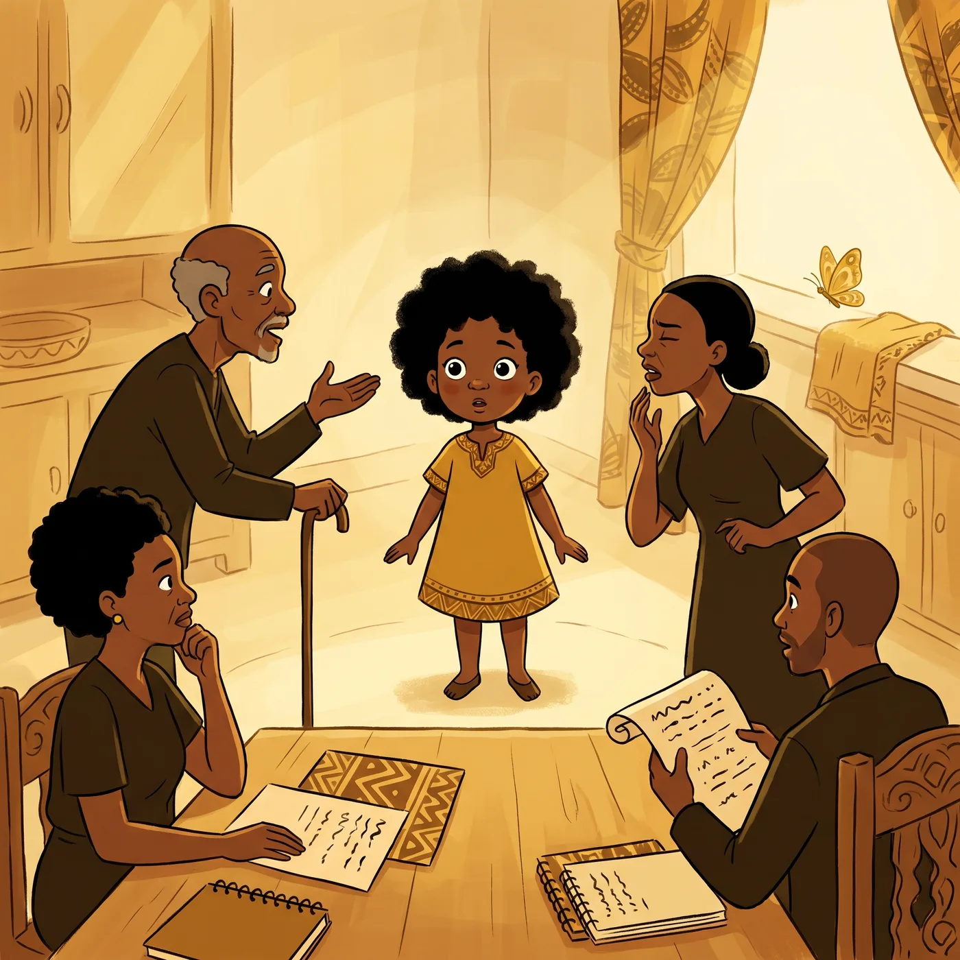 The family gathered around a table, choosing a name