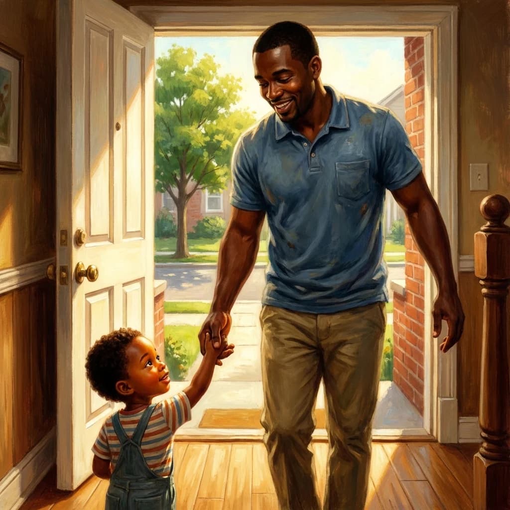 Father and child walking together, painted in rich watercolour style