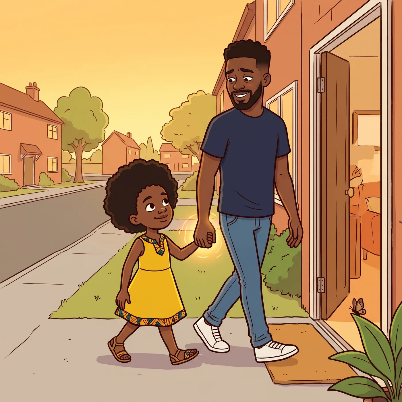 The child turning back, holding out a hand to Dad