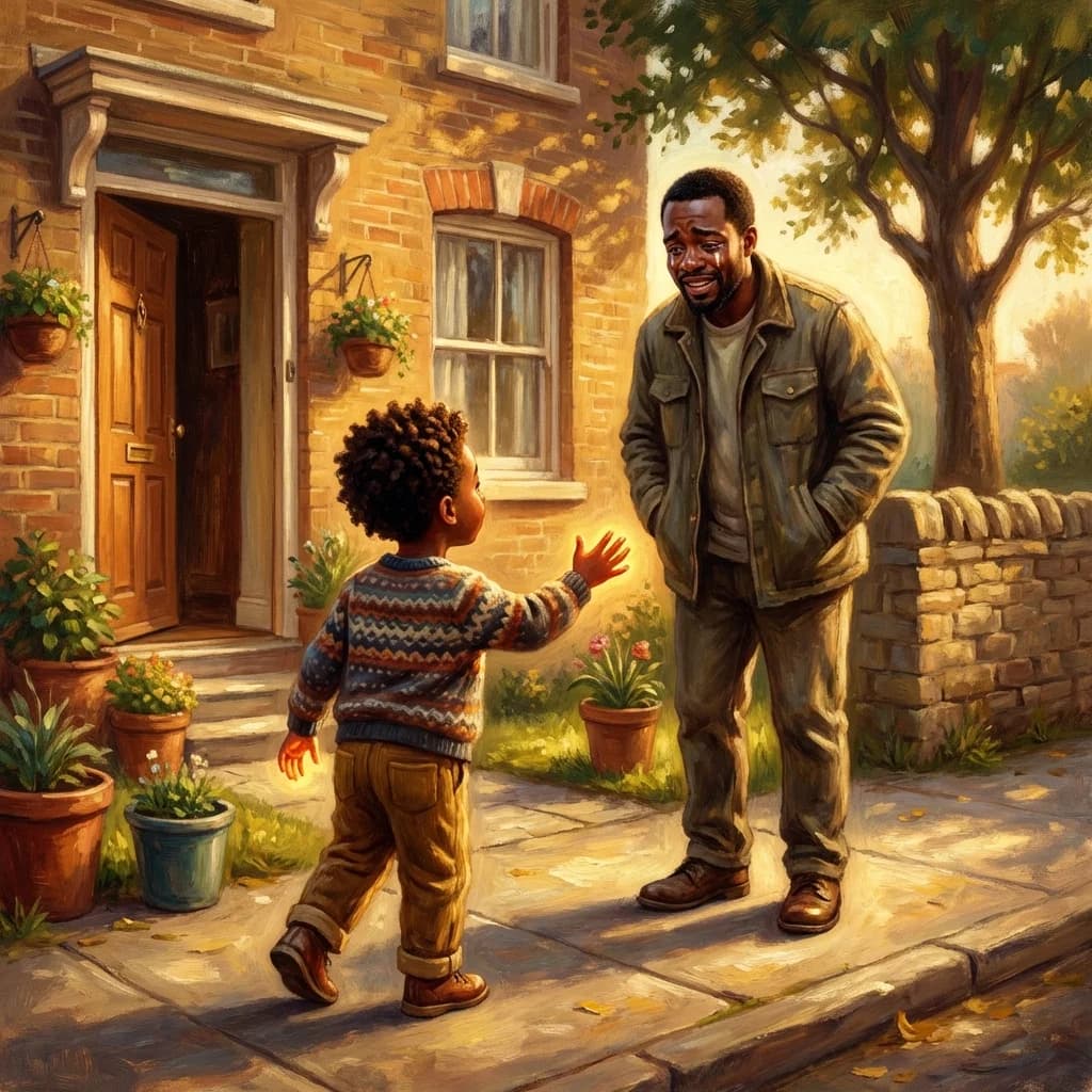 Child reaching up to hold father's hand, rich colours and soft light