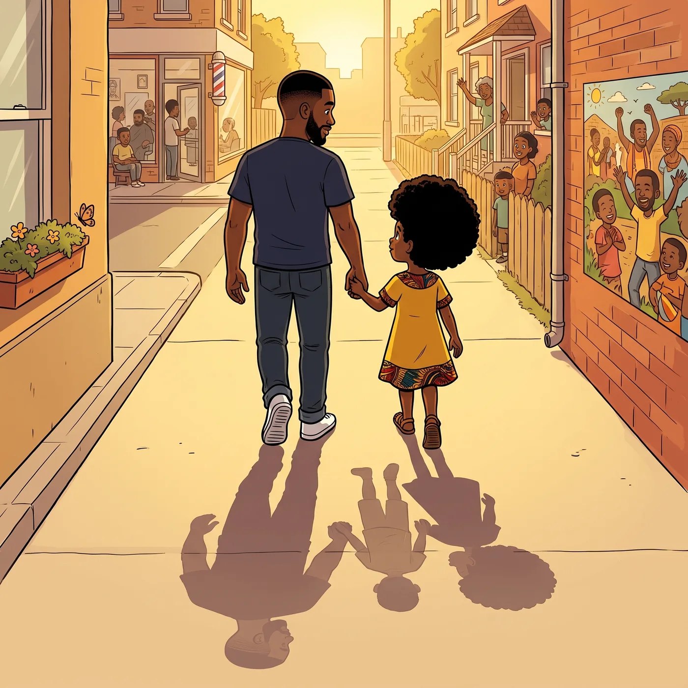A father and child walking hand in hand down a sunlit street